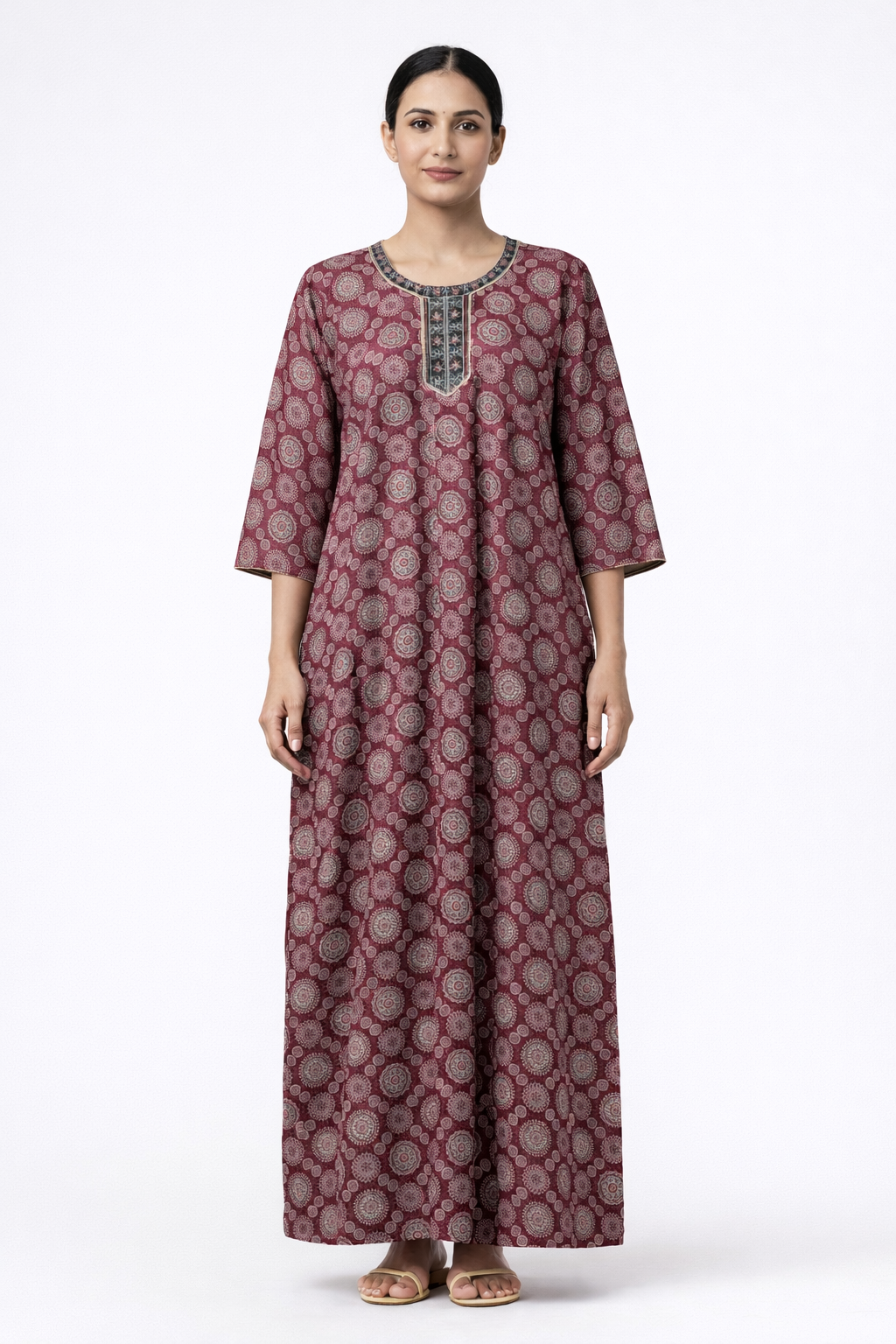 Softin Style Floral Printed Full Length Nighty – Alpine Fabric (3/4 Sleeves)