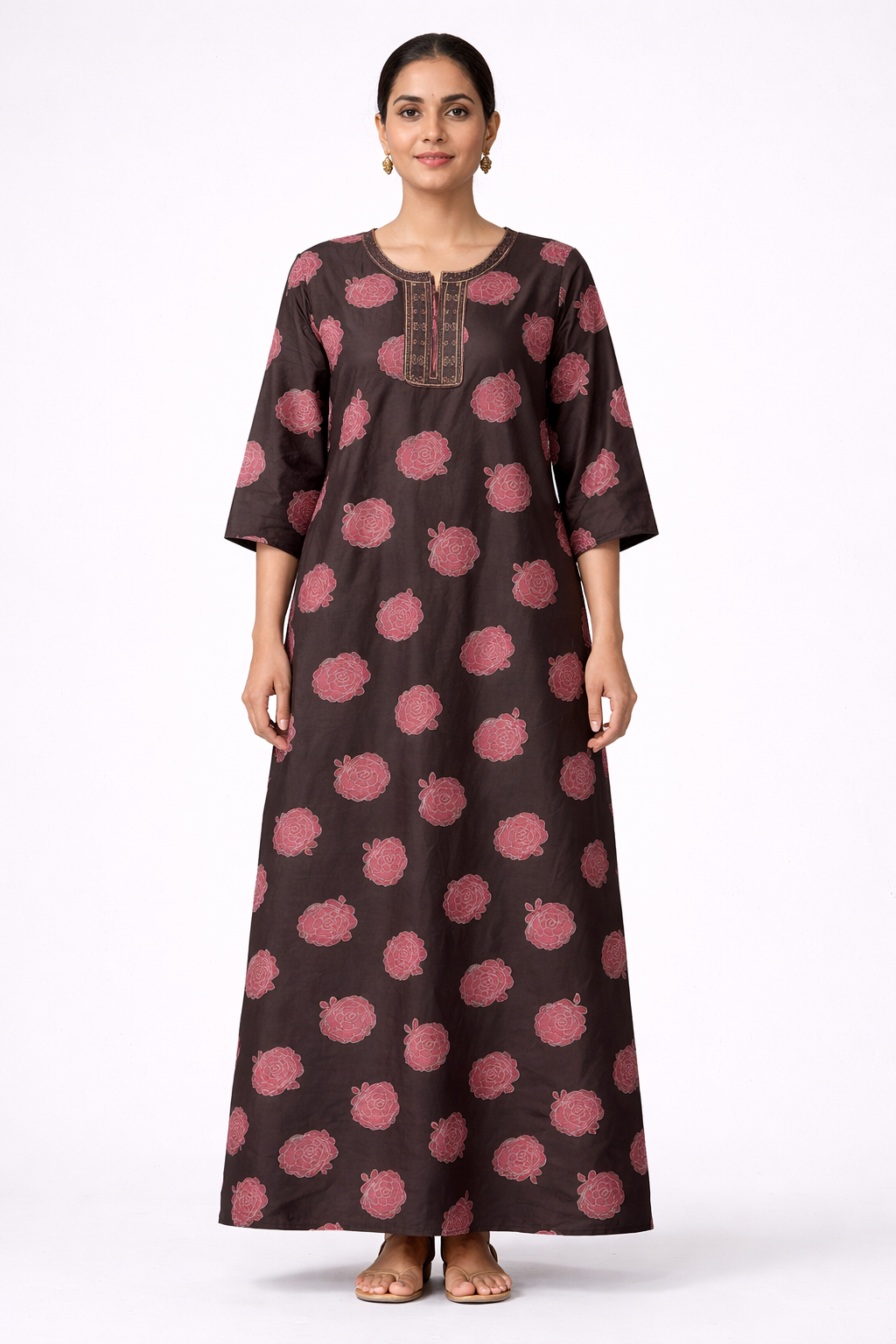 Softin Style Women’s Full-Length Floral Nighty – Alpine Fabric, 3/4 Sleeves