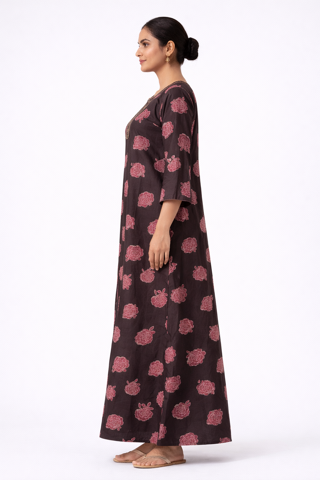 Softin Style Women’s Full-Length Floral Nighty – Alpine Fabric, 3/4 Sleeves