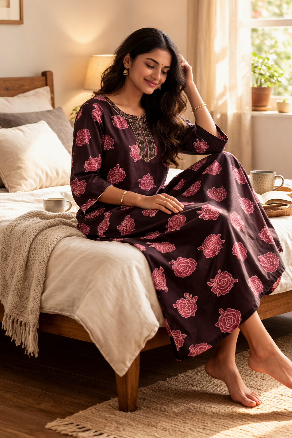 Softin Style Women’s Full-Length Floral Nighty – Alpine Fabric, 3/4 Sleeves