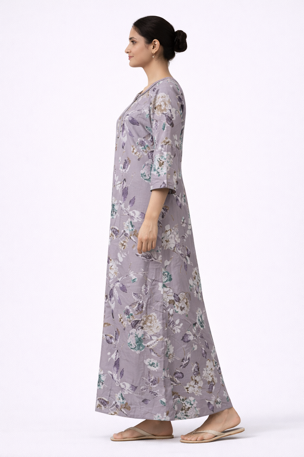 Soft Taupe Floral Alpine Nighty with Embroidered Neck & Zip – 3/4 Sleeves