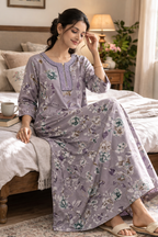 Soft Taupe Floral Alpine Nighty with Embroidered Neck & Zip – 3/4 Sleeves