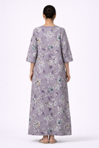 Soft Taupe Floral Alpine Nighty with Embroidered Neck & Zip – 3/4 Sleeves