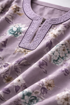 Soft Taupe Floral Alpine Nighty with Embroidered Neck & Zip – 3/4 Sleeves