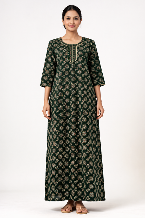 Softin Style Floral Printed Full Length Nighty – Alpine Fabric (3/4 Sleeves)