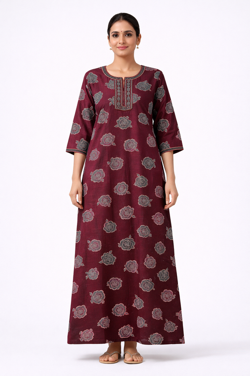 Softin Style Women’s Full-Length Floral Nighty – Alpine Fabric, 3/4 Sleeves