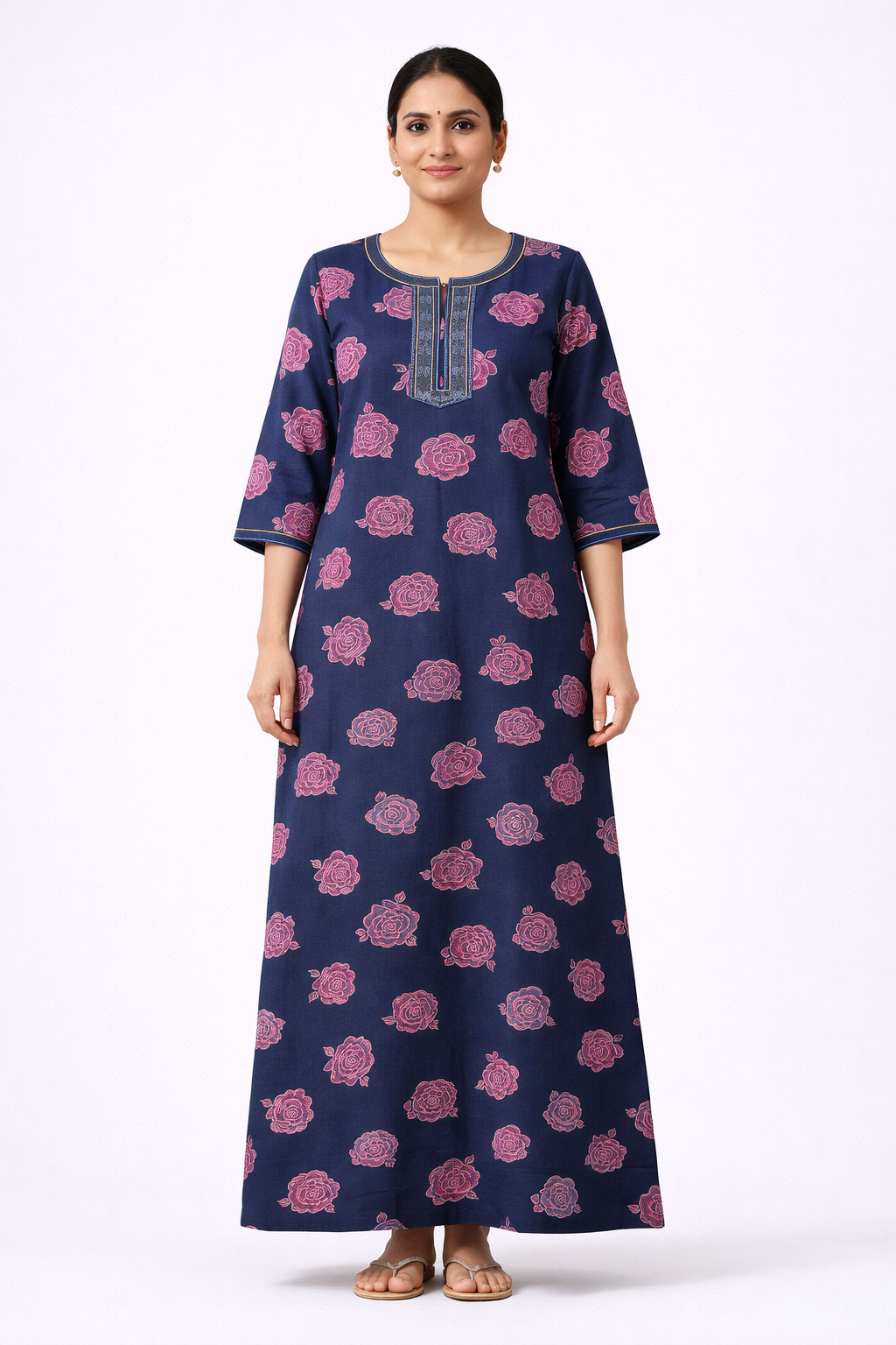 Softin Style Women’s Full-Length Floral Nighty – Alpine Fabric, 3/4 Sleeves