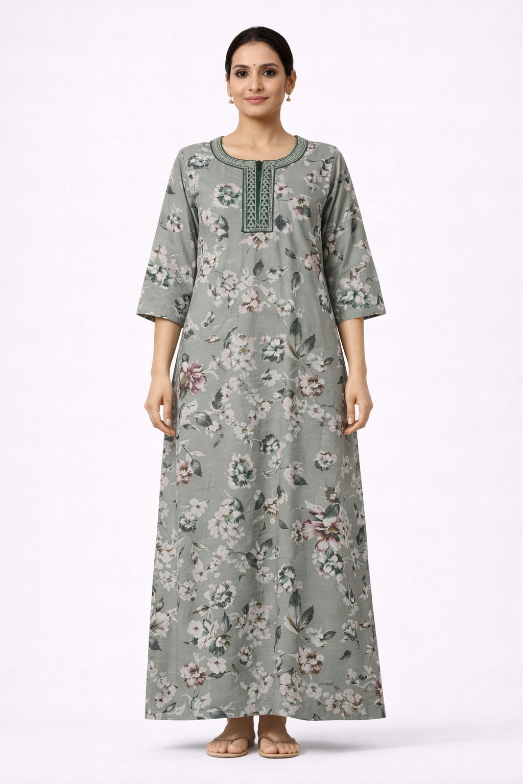 Soft Taupe Floral Alpine Nighty with Embroidered Neck & Zip – 3/4 Sleeves