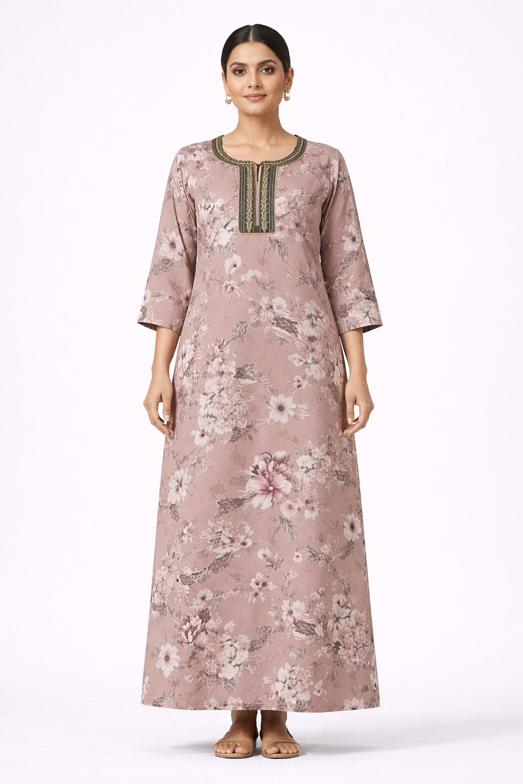 Soft Taupe Floral Alpine Nighty with Embroidered Neck & Zip – 3/4 Sleeves